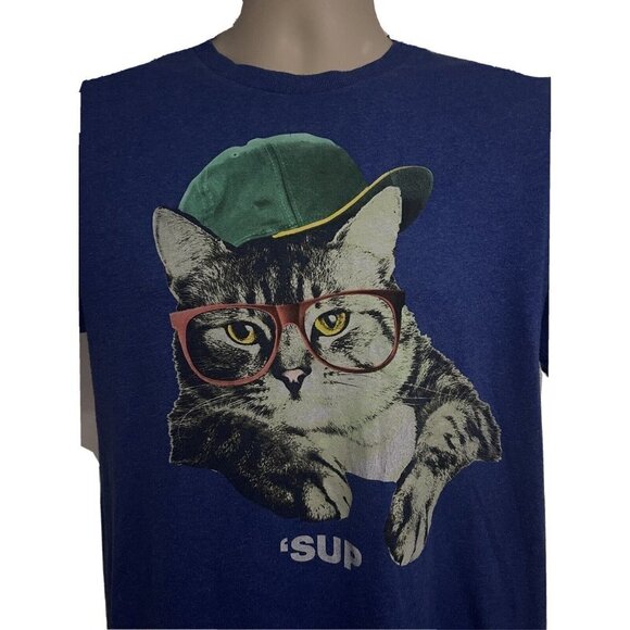 Mens Blue Graphic T-Shirt Small/Medium Cat Wsup Stretch Animal Print Novelty - Picture 5 of 5